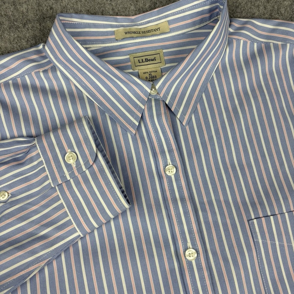 Ll Bean Dress Shirt Mens Xl Blue Pink Striped Button Up Wrinkle Resistant Preppy